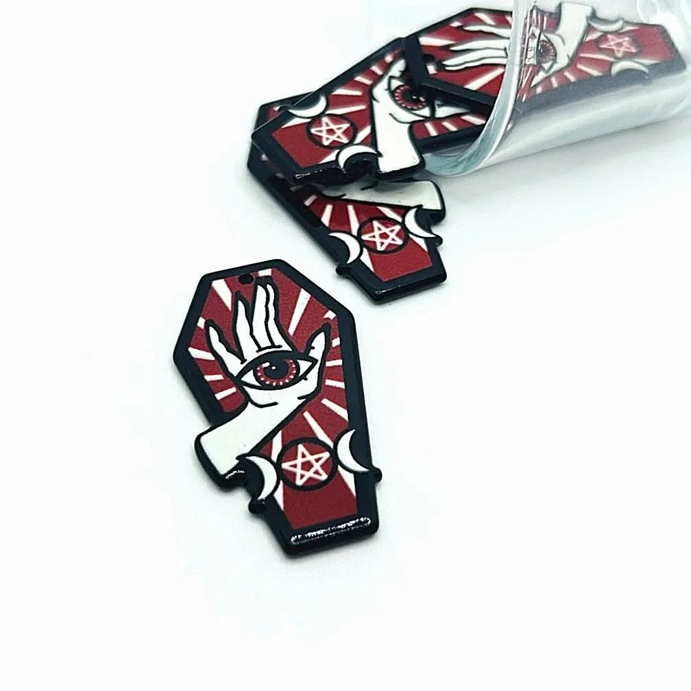 1, 4 or 20 Pieces: Red Coffin with Seeing Eye Charms - Double Sided