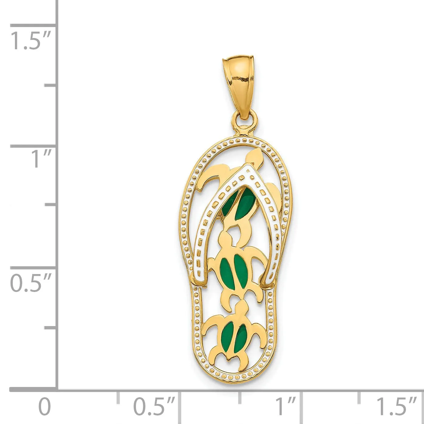 14K Yellow Gold Solid Polished Textured Green, White Enameled Finish Triple Sea Turtles Design Flip-Flop Beach Sandle Charm Pendant