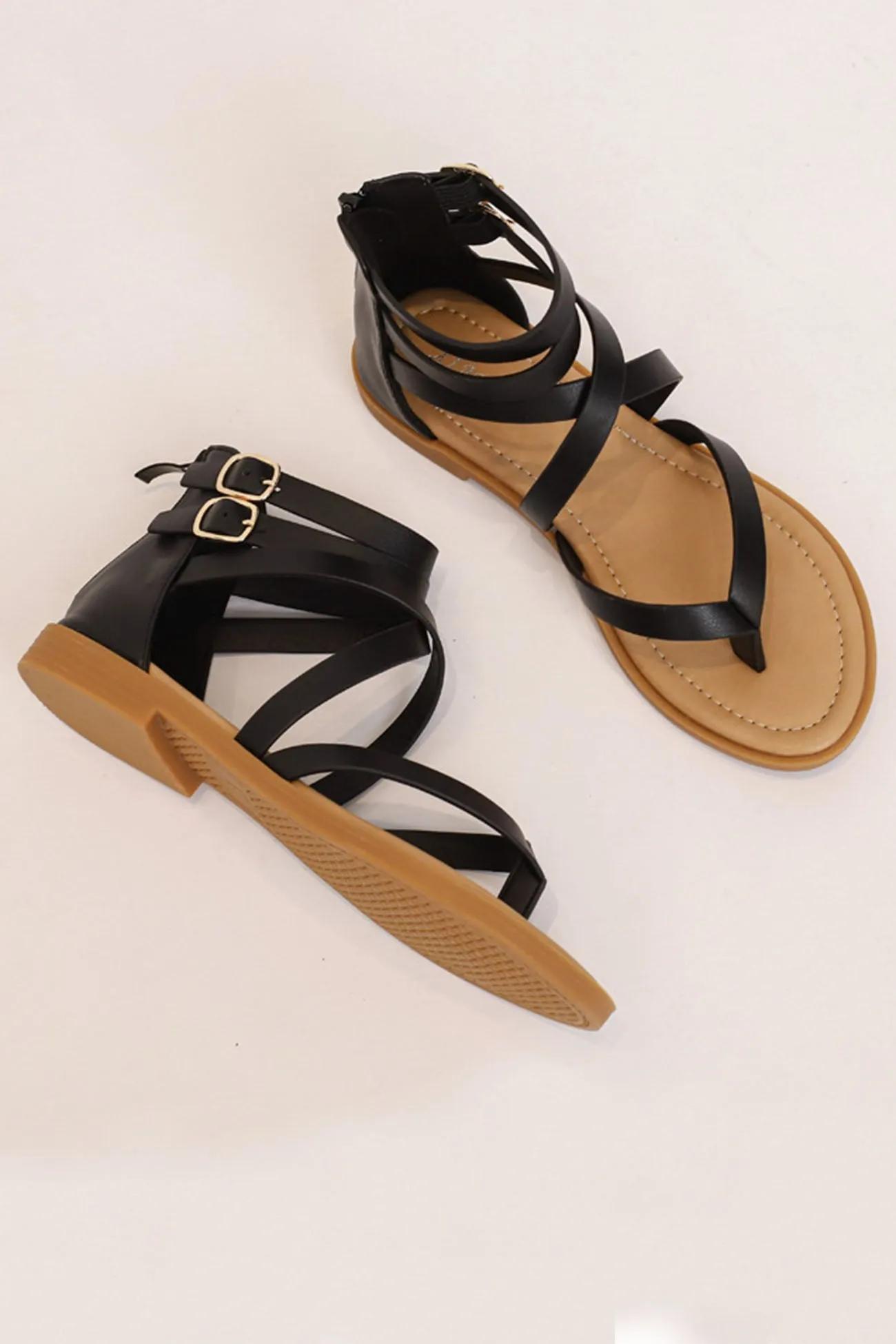 Amozae-Buckle Ankle Strap Zipper Thong Sandals