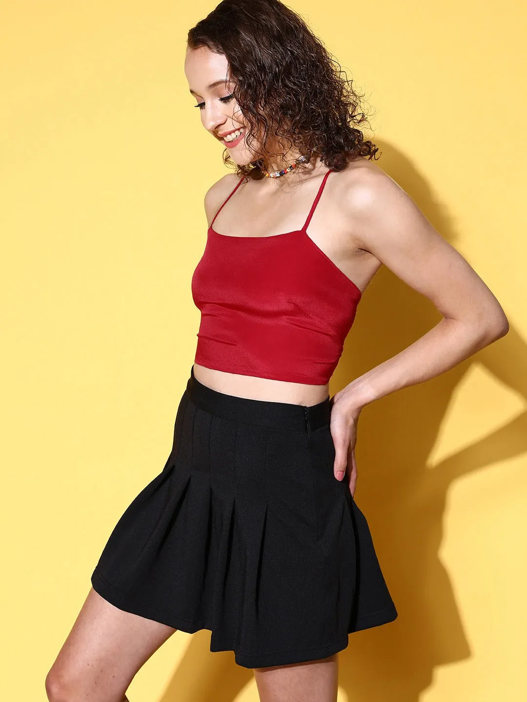 Berrylush Women Solid Red Square Neck Satin Styled Tie-Up Back Crop Top