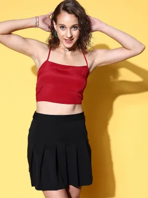 Berrylush Women Solid Red Square Neck Satin Styled Tie-Up Back Crop Top