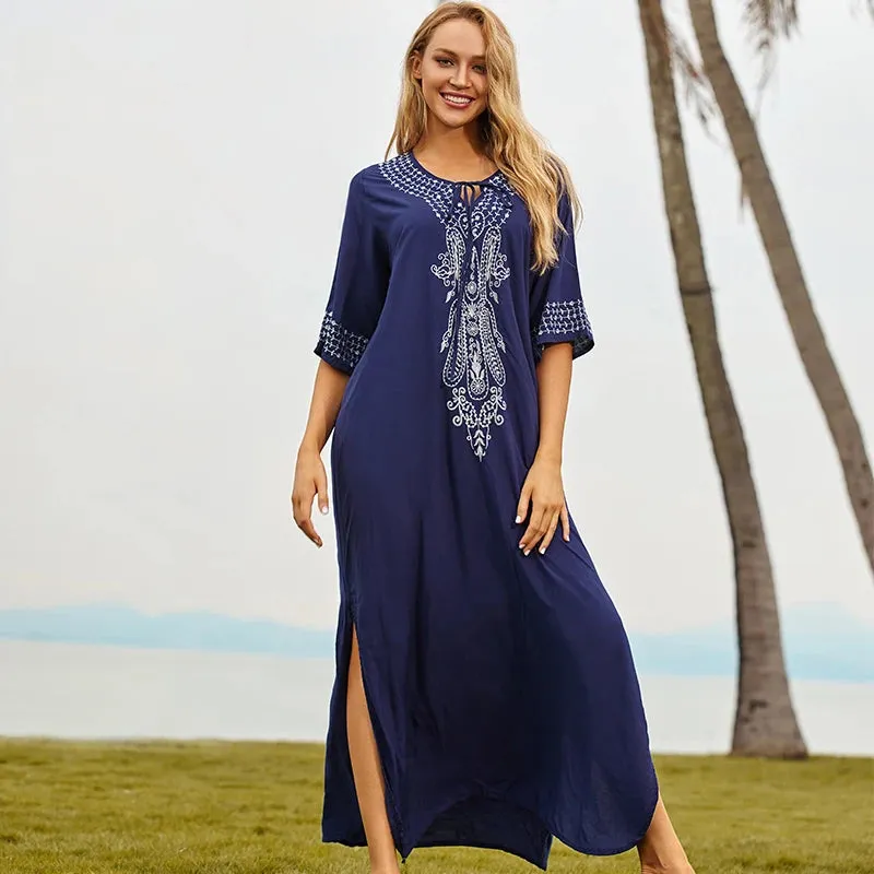 Boho Quick-drying Long Kaftan Burkini Cover-up Plus Size Summer Beachwear