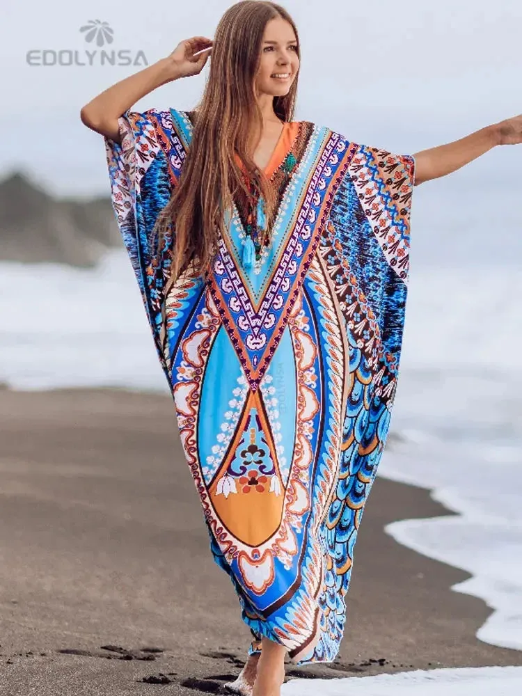 Boho Quick-drying Long Kaftan Burkini Cover-up Plus Size Summer Beachwear