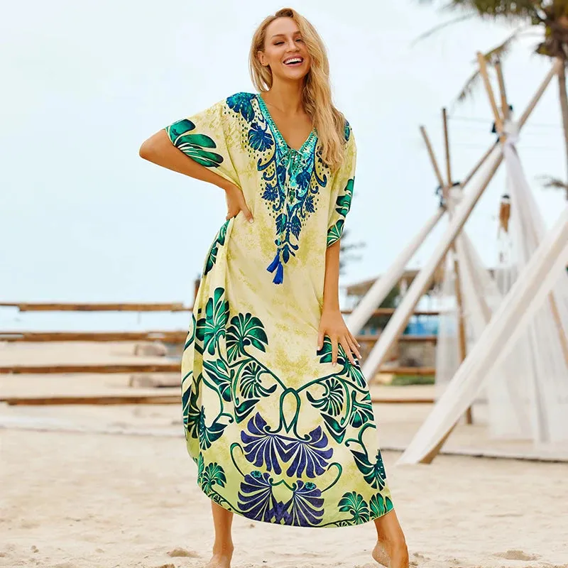 Boho Quick-drying Long Kaftan Burkini Cover-up Plus Size Summer Beachwear