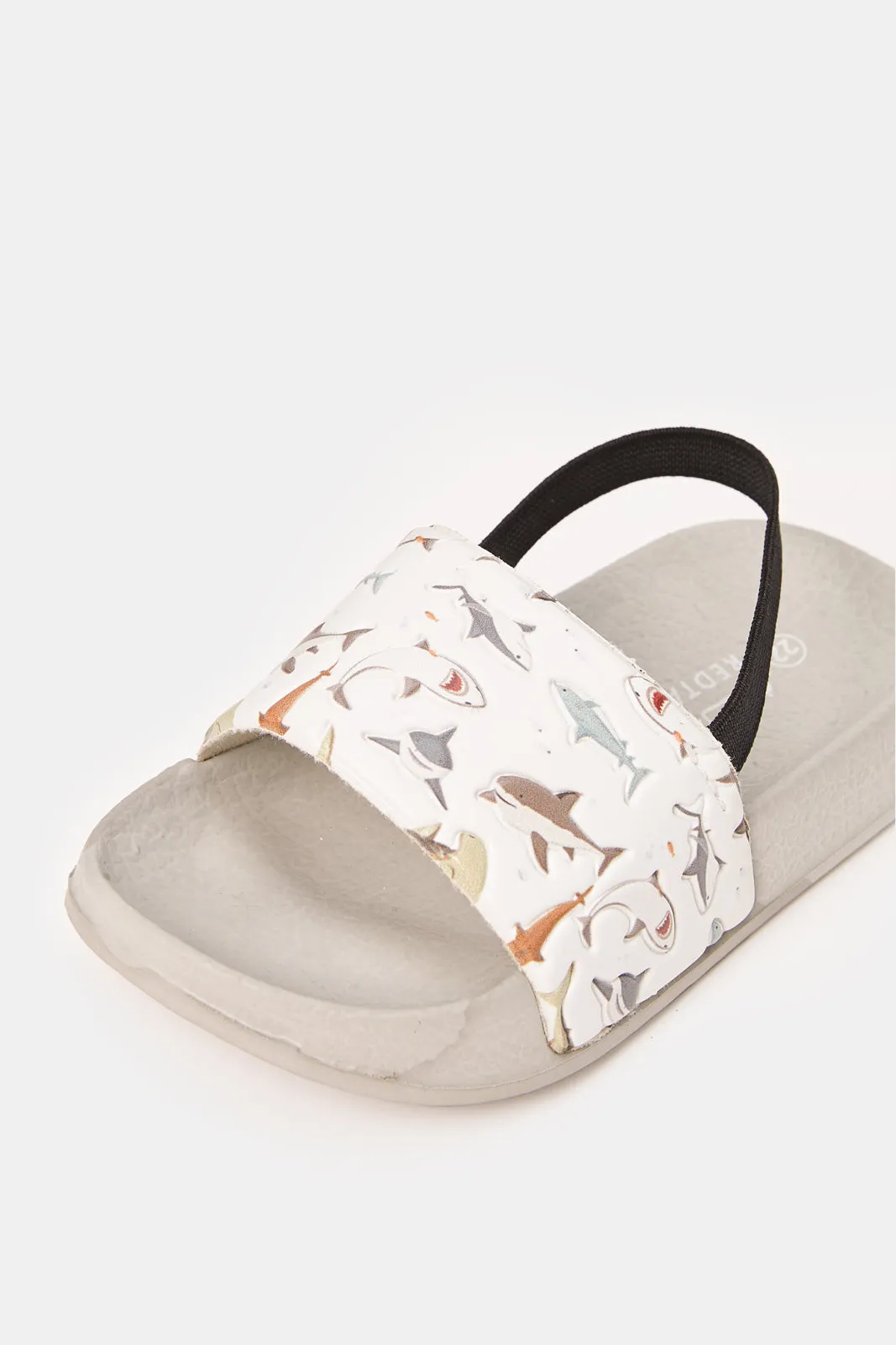 Boys Grey Shark Print Slide With Backstrap