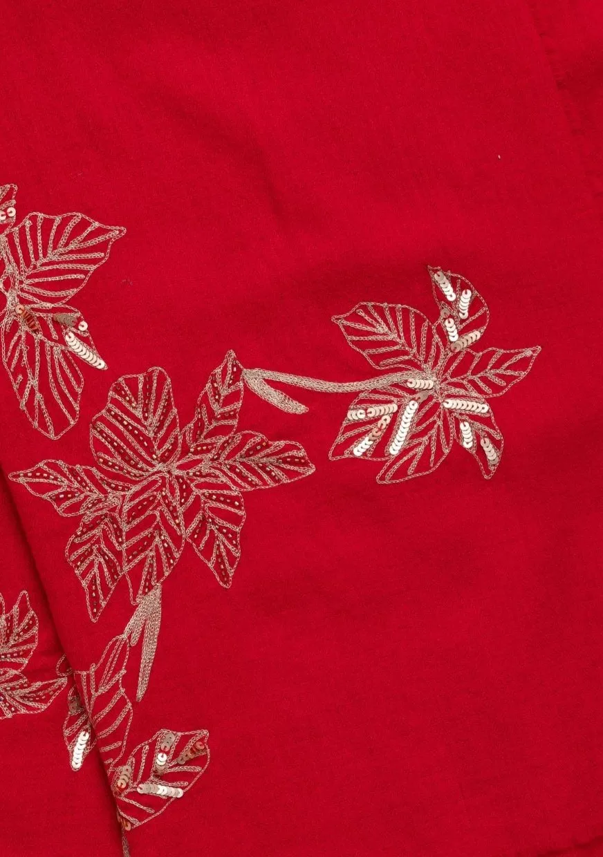 Bright Red Cashmere Scarf with a Dull Gold Sequin and Metalic Leaf Embroidery