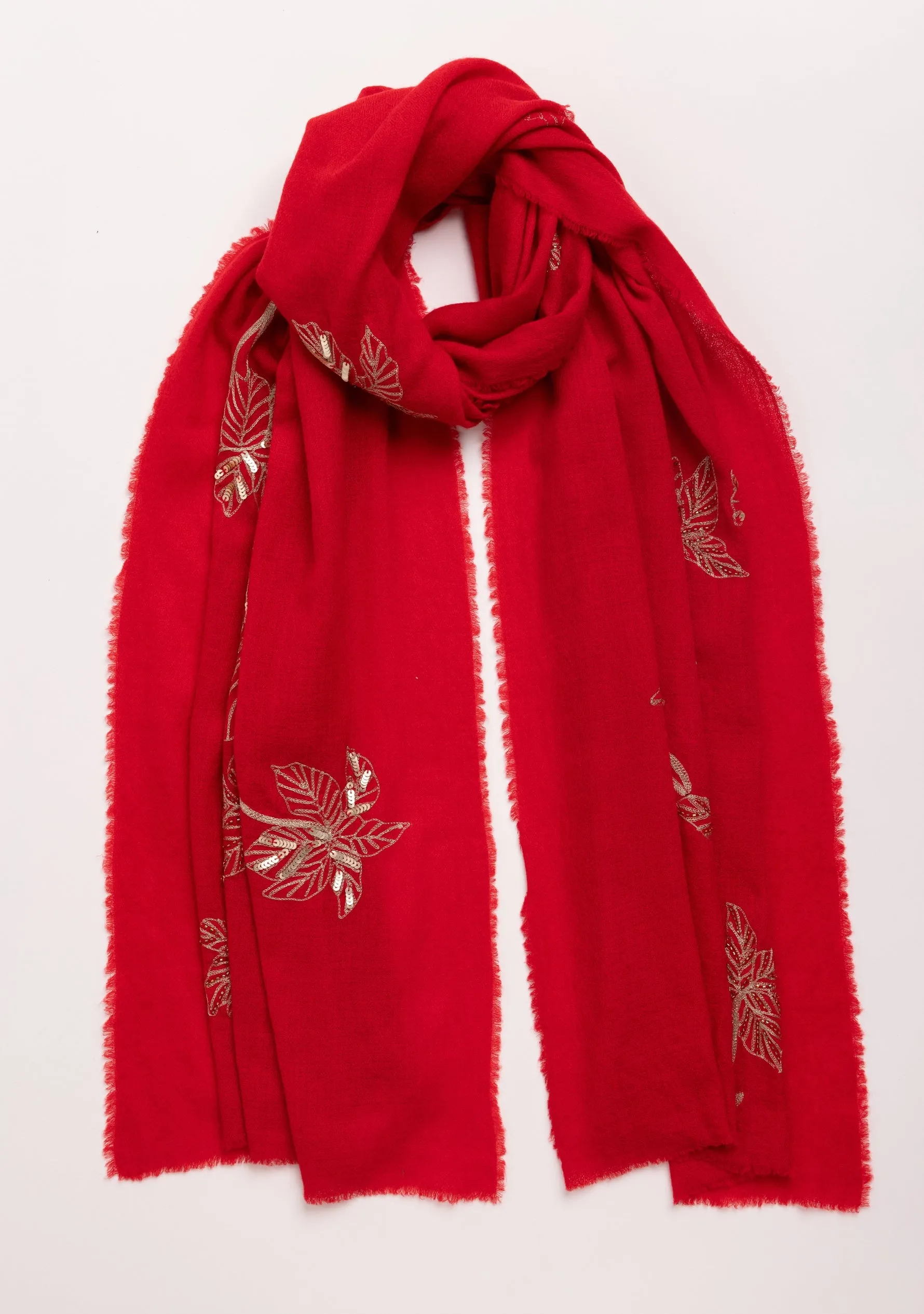 Bright Red Cashmere Scarf with a Dull Gold Sequin and Metalic Leaf Embroidery