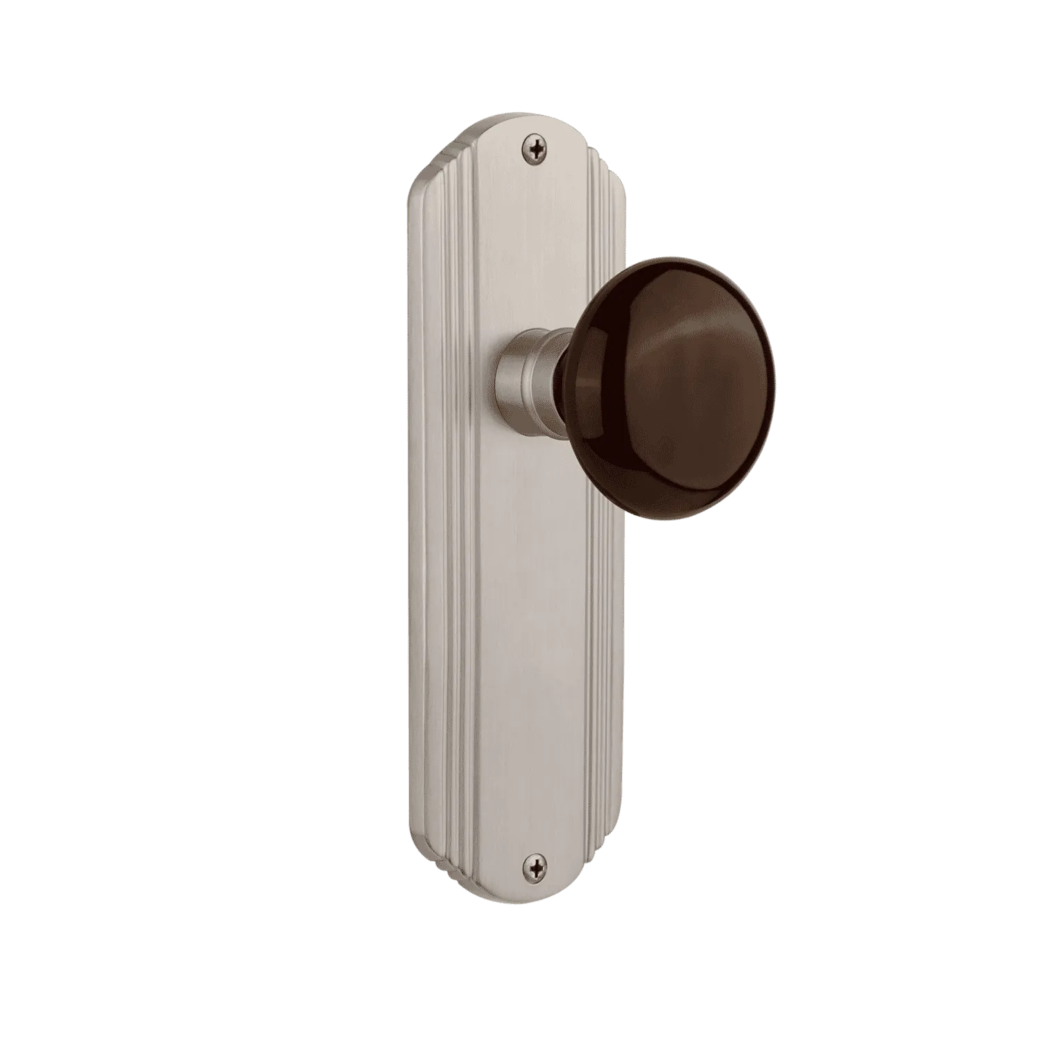 Deco Long Plate with Brown Porcelain Knob in Satin Nickel