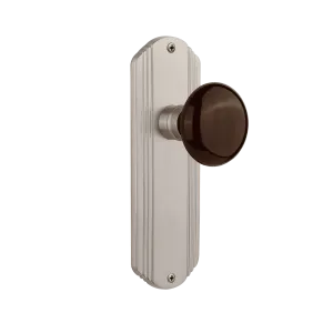 Deco Long Plate with Brown Porcelain Knob in Satin Nickel