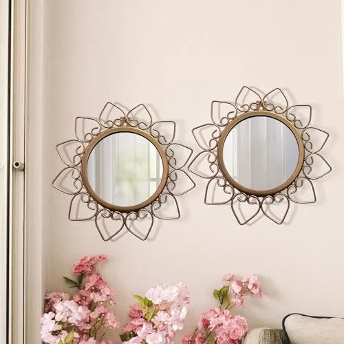 ET Expo-Trends®-Metal Decorative Mirror Wall Mounted Hanging Mirror Sculpture Metal Golden Rose Design Modern Art Mirror for Home Décor (Gold)