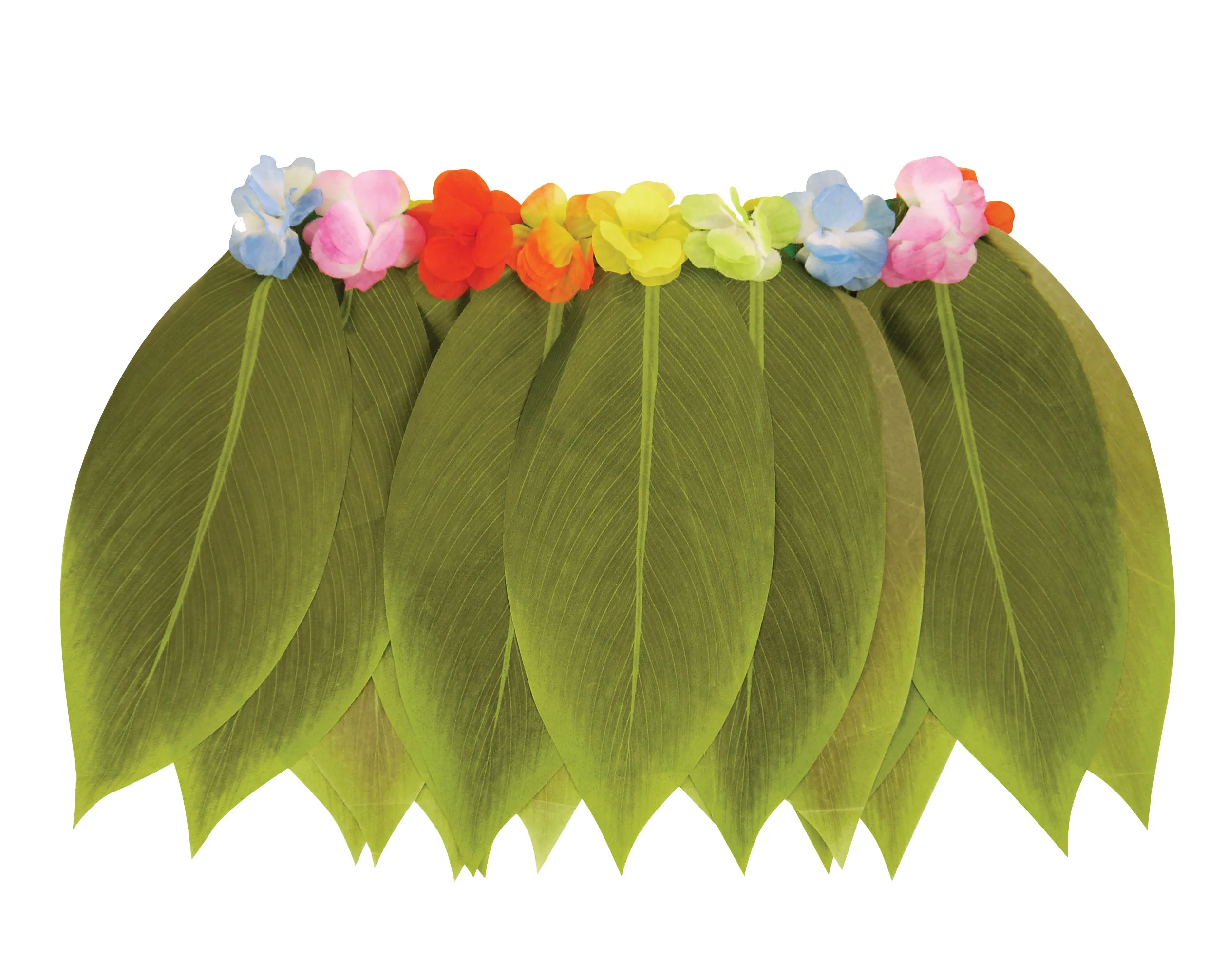 Hawaiian White Sea Shell Bra Green Leaf Skirt Hula Lei Set 4 Pcs Ladies Hula Beach Party Fancy Dress