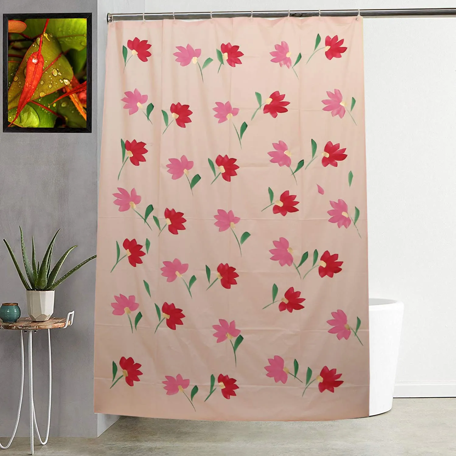 Kuber Industries Floral Design 7 Feet Shower Curtain with 8 Hooks (Pink)-CTKTC14450