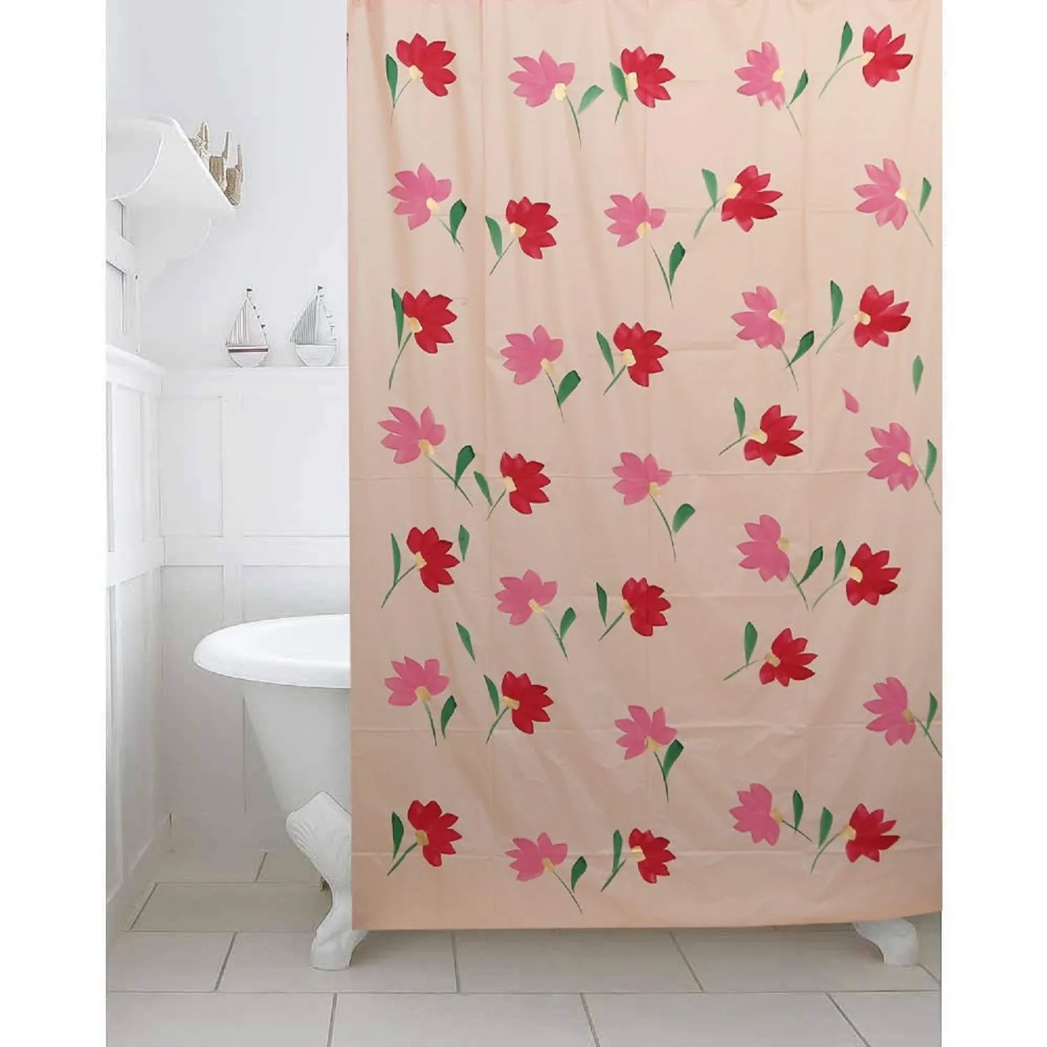 Kuber Industries Floral Design 7 Feet Shower Curtain with 8 Hooks (Pink)-CTKTC14450