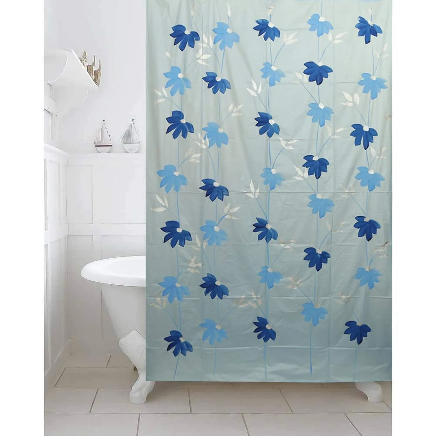 Kuber Industries PVC Floral Shower Curtain with 8 Hooks, Standard, Sky Blue