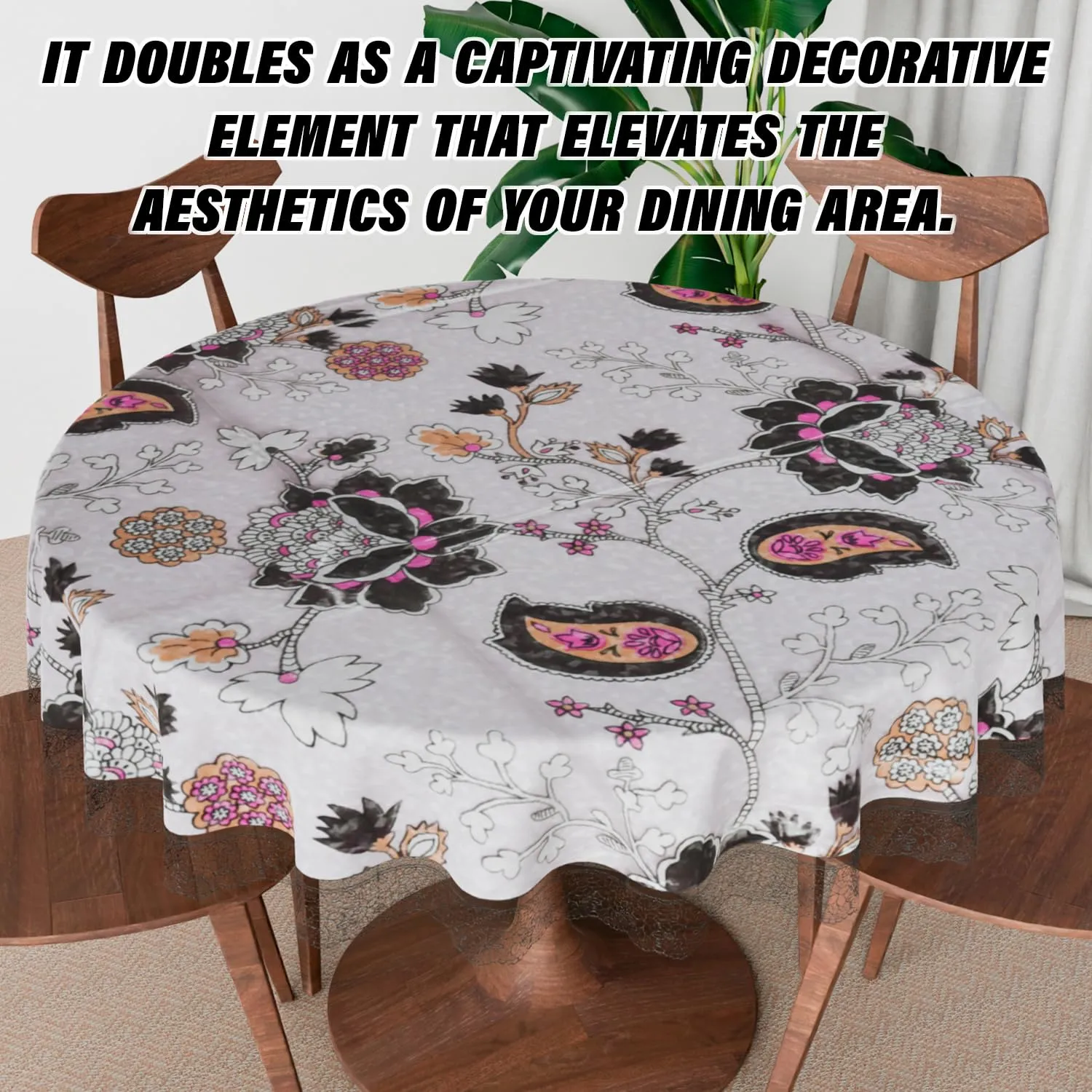 Kuber Industries Round Dining Table Cover 4 Seater Waterproof | Center Table Teepai Cover Cloth for Tea Coffee | Tabletop & Teapoy Mat for Living Room, Kitchen & Balcony | PVC | 60 Inch | Floral White