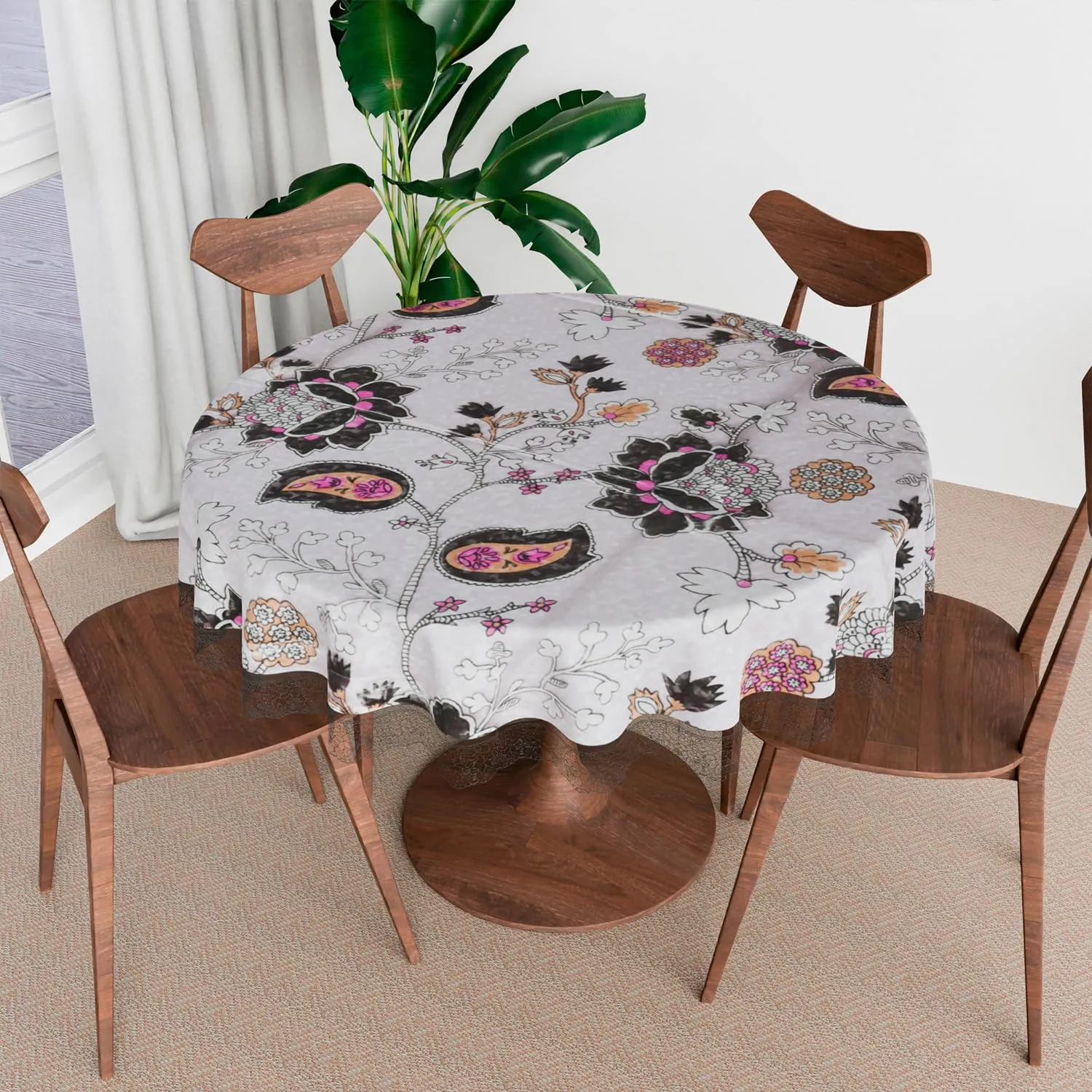 Kuber Industries Round Dining Table Cover 4 Seater Waterproof | Center Table Teepai Cover Cloth for Tea Coffee | Tabletop & Teapoy Mat for Living Room, Kitchen & Balcony | PVC | 60 Inch | Floral White