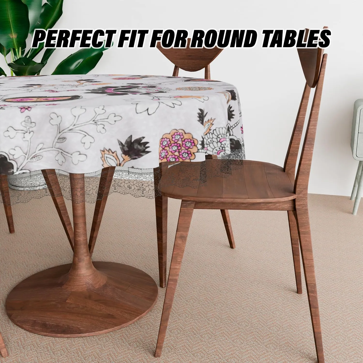 Kuber Industries Round Dining Table Cover 4 Seater Waterproof | Center Table Teepai Cover Cloth for Tea Coffee | Tabletop & Teapoy Mat for Living Room, Kitchen & Balcony | PVC | 60 Inch | Floral White