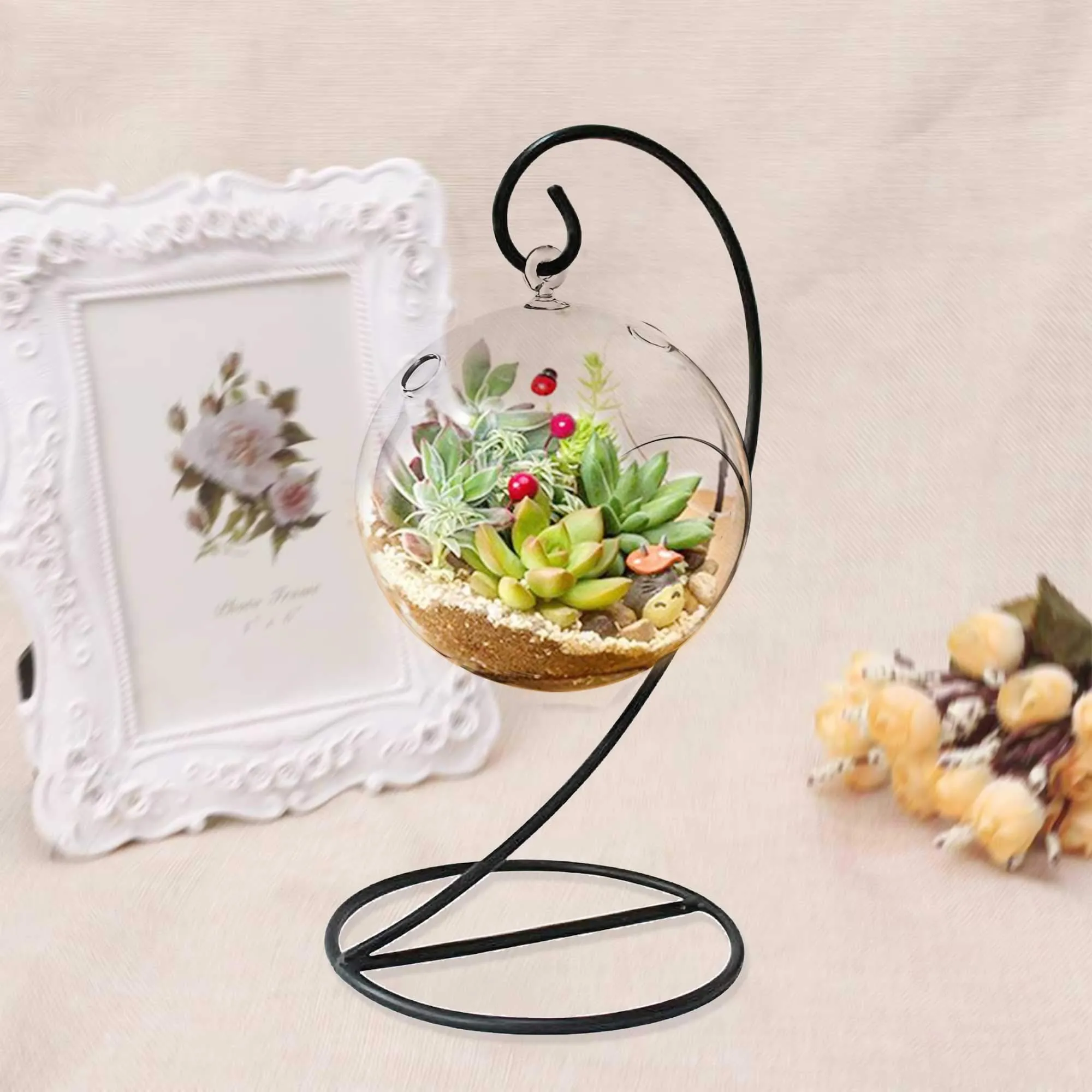 Leafy Dew Clear Globe Shape Glass Terrarium (5 Inch) with Hanging Iron Pot Stand Tea Light Candle Holder Planter (Snow White Sand and White Pebbles) (Pattern 3)