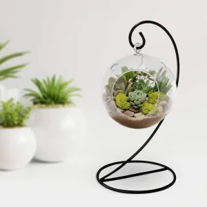 Leafy Dew Clear Globe Shape Glass Terrarium (5 Inch) with Hanging Iron Pot Stand Tea Light Candle Holder Planter (Snow White Sand and White Pebbles) (Pattern 3)