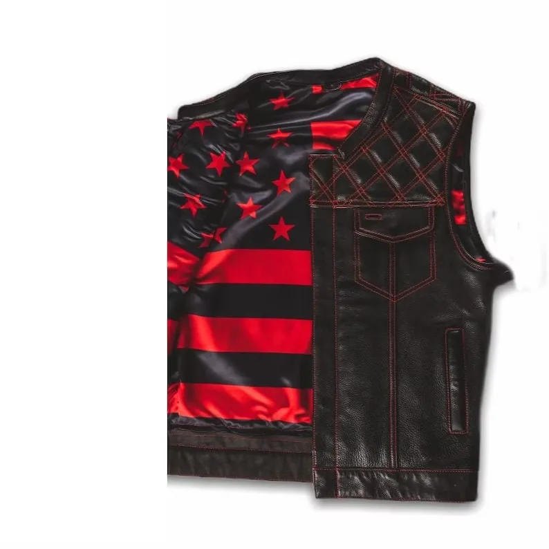 Leather Vest ,Mens Hunt Club Diamond Quilted Red USA Flag Leather Build Denim Style Rider Motorcycle Leather Vest,Mens Vest