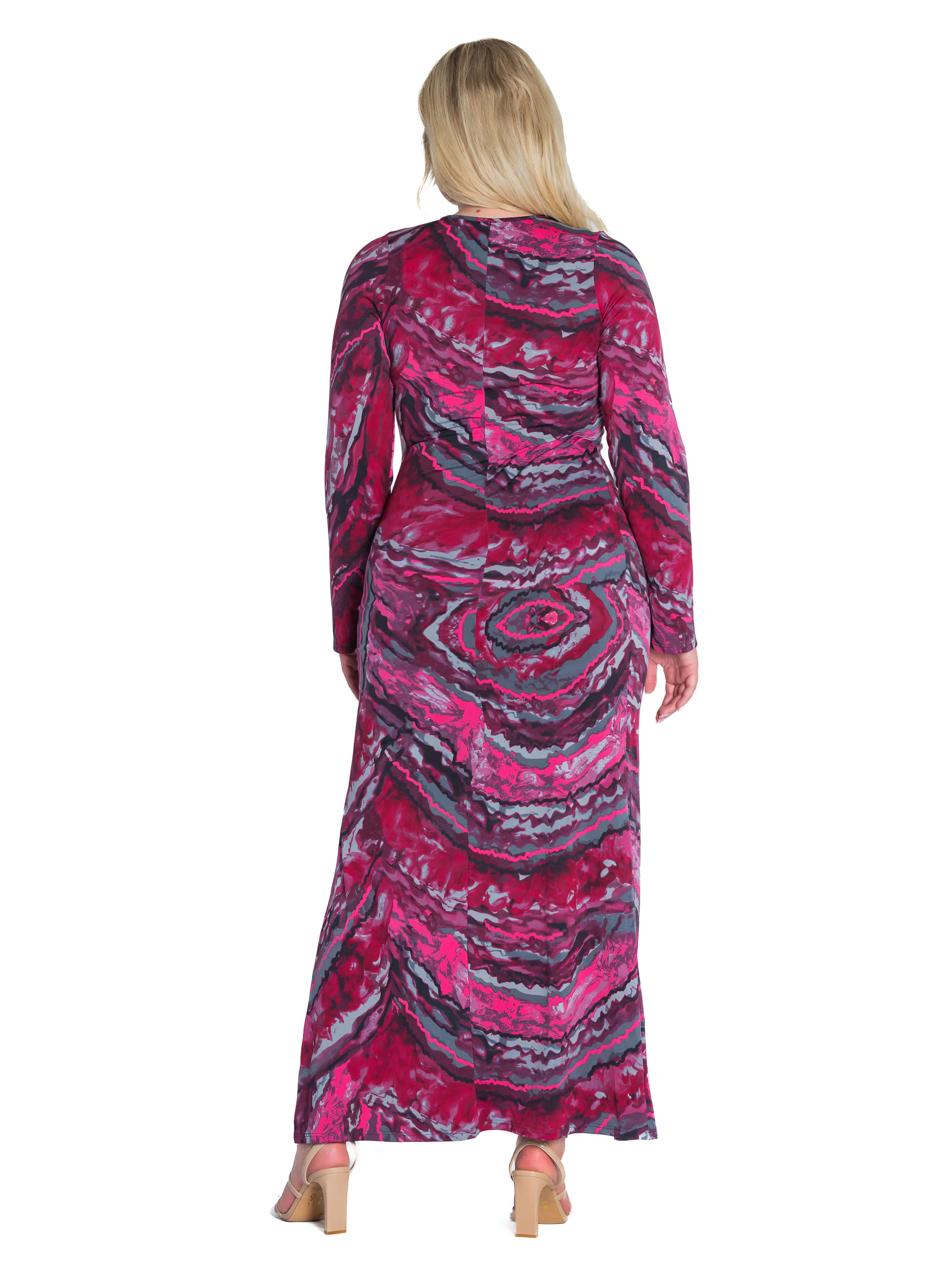 Magenta Print Long Sleeve Side Slit Plus Size Maxi Dress