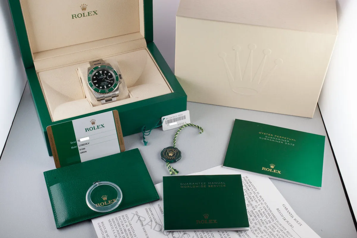 Mint 2018 Rolex Green Submariner 116610LV "Hulk" with Box and Papers