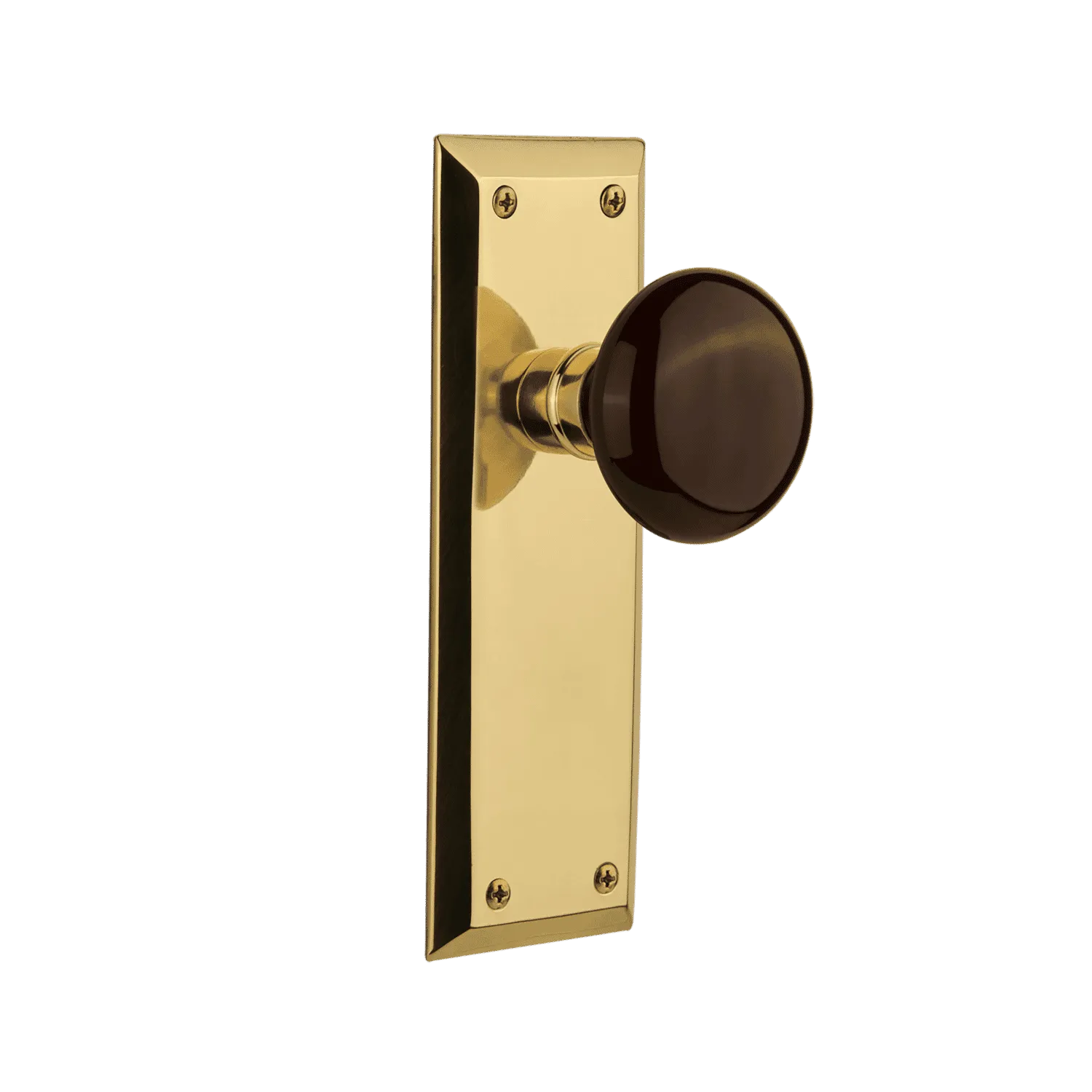 New York Long Plate with Brown Porcelain Knob in Polished Brass