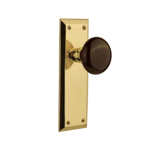 New York Long Plate with Brown Porcelain Knob in Polished Brass