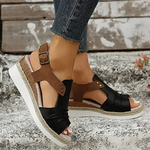 Orthopedic Platform Wedge Sandals for Women Summer Dressy Flat 2023 Open Toe Ankle Strap Espadrilles Sandals Casual Strappy Slip on Sandals Beach Boho Sandals Comfortable Outdoor Shoes (Black #2, 9)