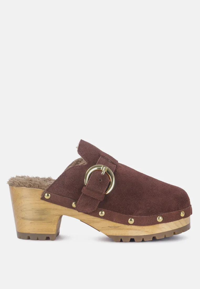 PRUNUS Brown Buckled Suede Round Toe Mule Clogs