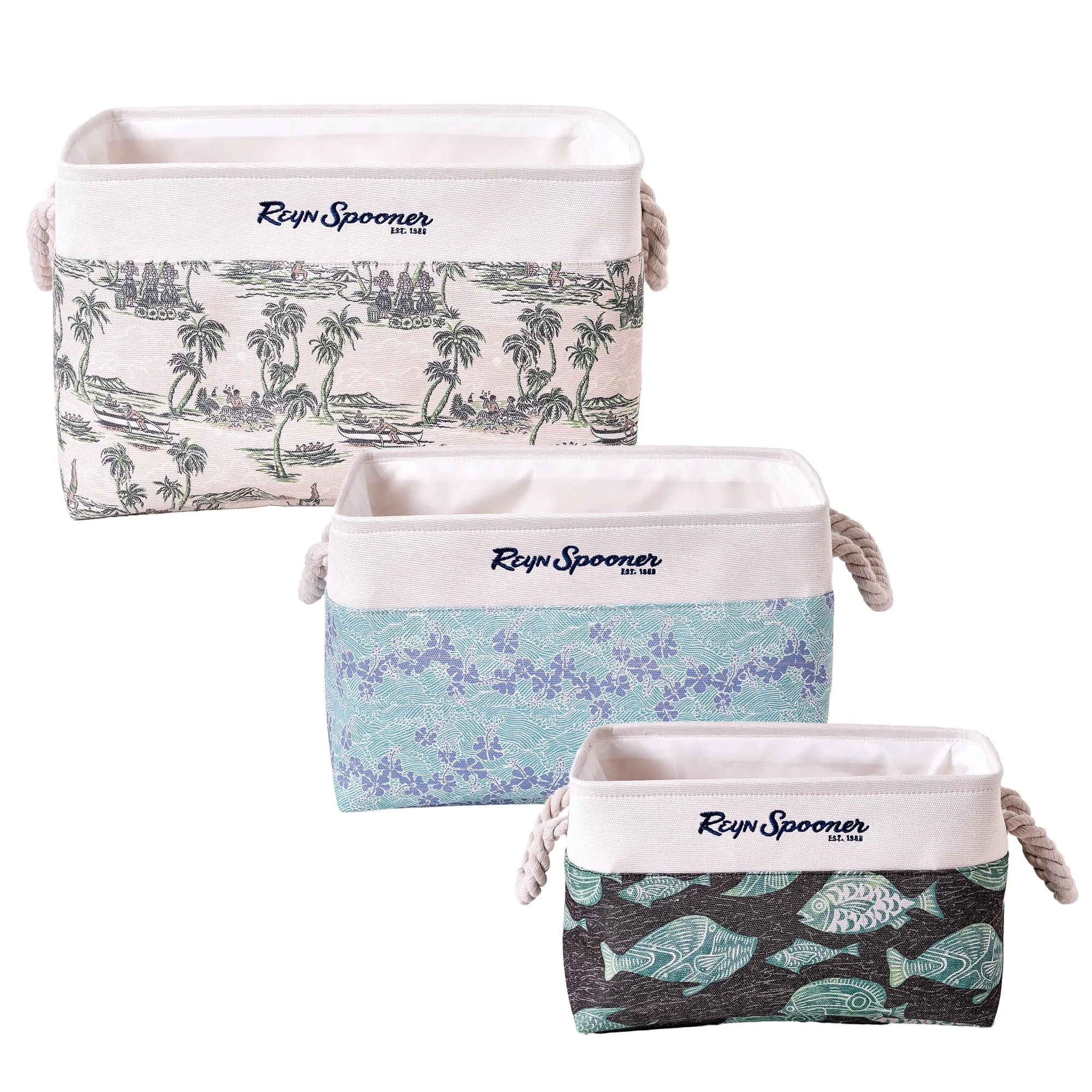 Reyn Spooner 50th State Waves, The Reef, Island Paradise, Printed Fabric Basket Set of 3