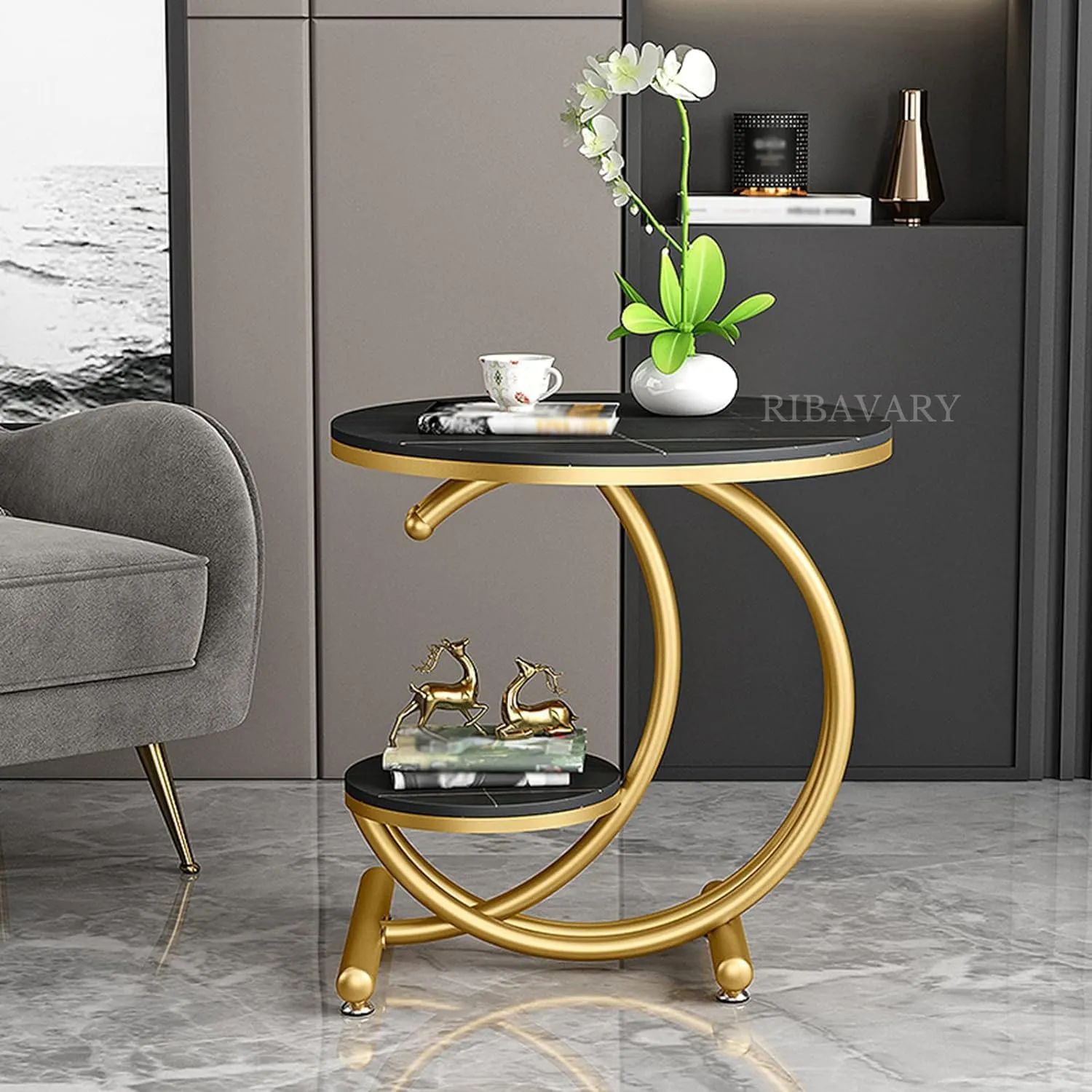 RIBAVARY® Attractive C Shaped Metal Frame Coffee Table for Living Room & Bedroom, Side Table for Small Spaces, Wooden Top & Metal Frame End Table (Golden & Black,)