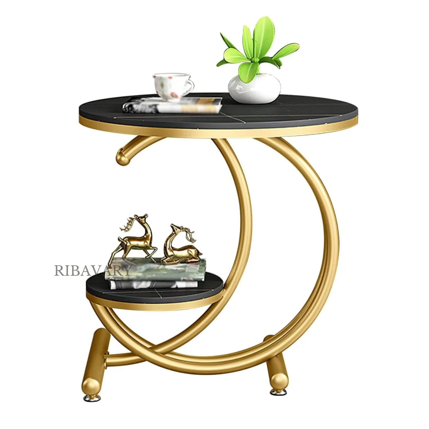 RIBAVARY® Attractive C Shaped Metal Frame Coffee Table for Living Room & Bedroom, Side Table for Small Spaces, Wooden Top & Metal Frame End Table (Golden & Black,)