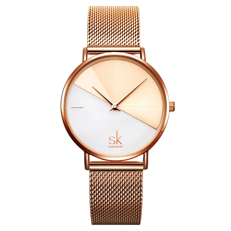 SK Fashion Creative Mesh Strap Women's Watch Women's Two-Color Belt Style Rose Gold Women's Watch