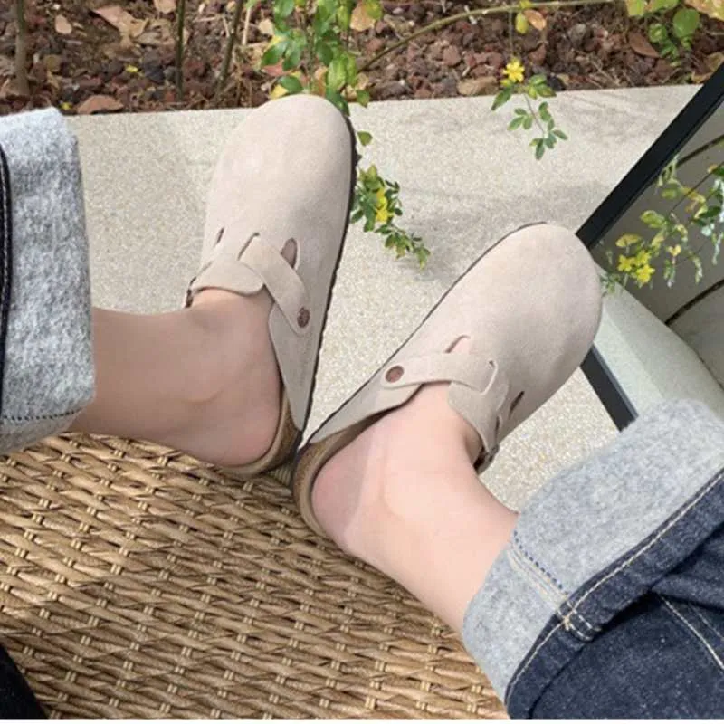 Suede Leather Clogs Closed Toe Mules