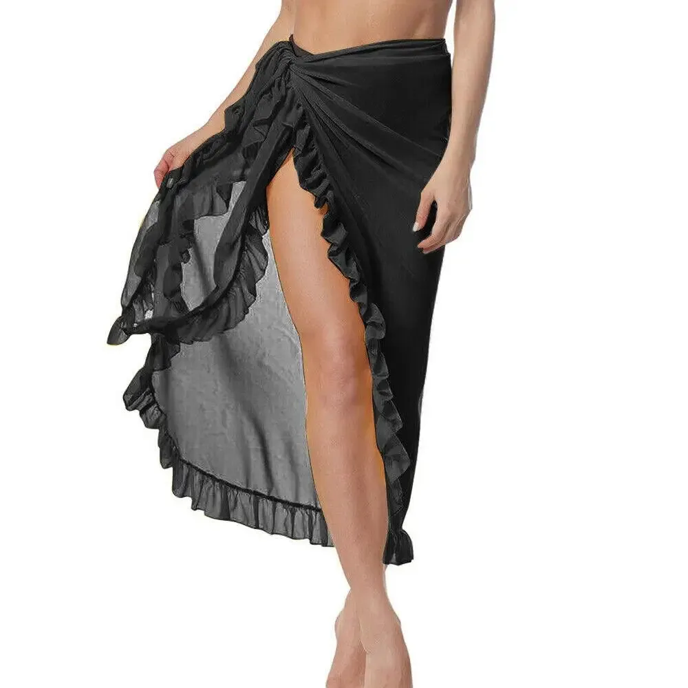 Summer Women Short Solid Sarong Swimsuit Coverups Beach Bikini Wrap Sheer Short Skirt Chiffon Skirt Scarf Swimwear Cover-ups