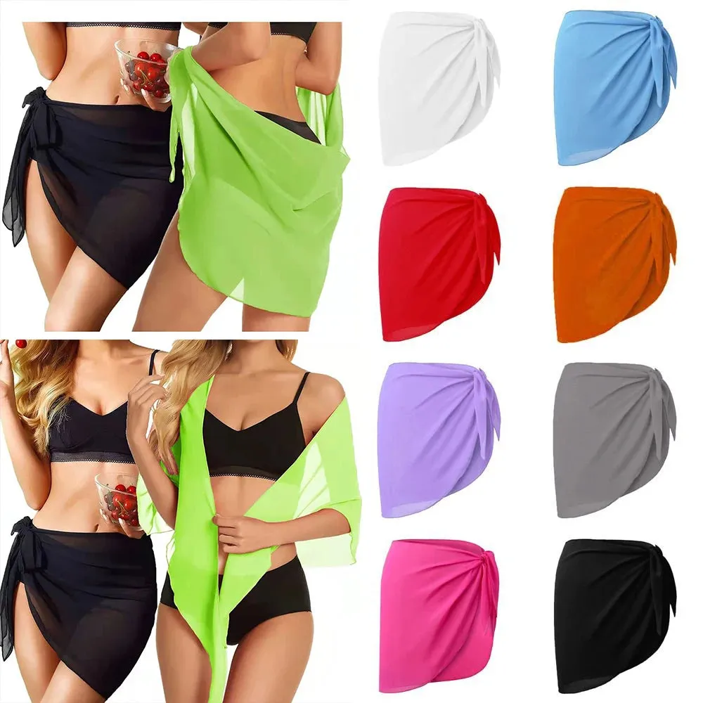 Summer Women Short Solid Sarong Swimsuit Coverups Beach Bikini Wrap Sheer Short Skirt Chiffon Skirt Scarf Swimwear Cover-ups