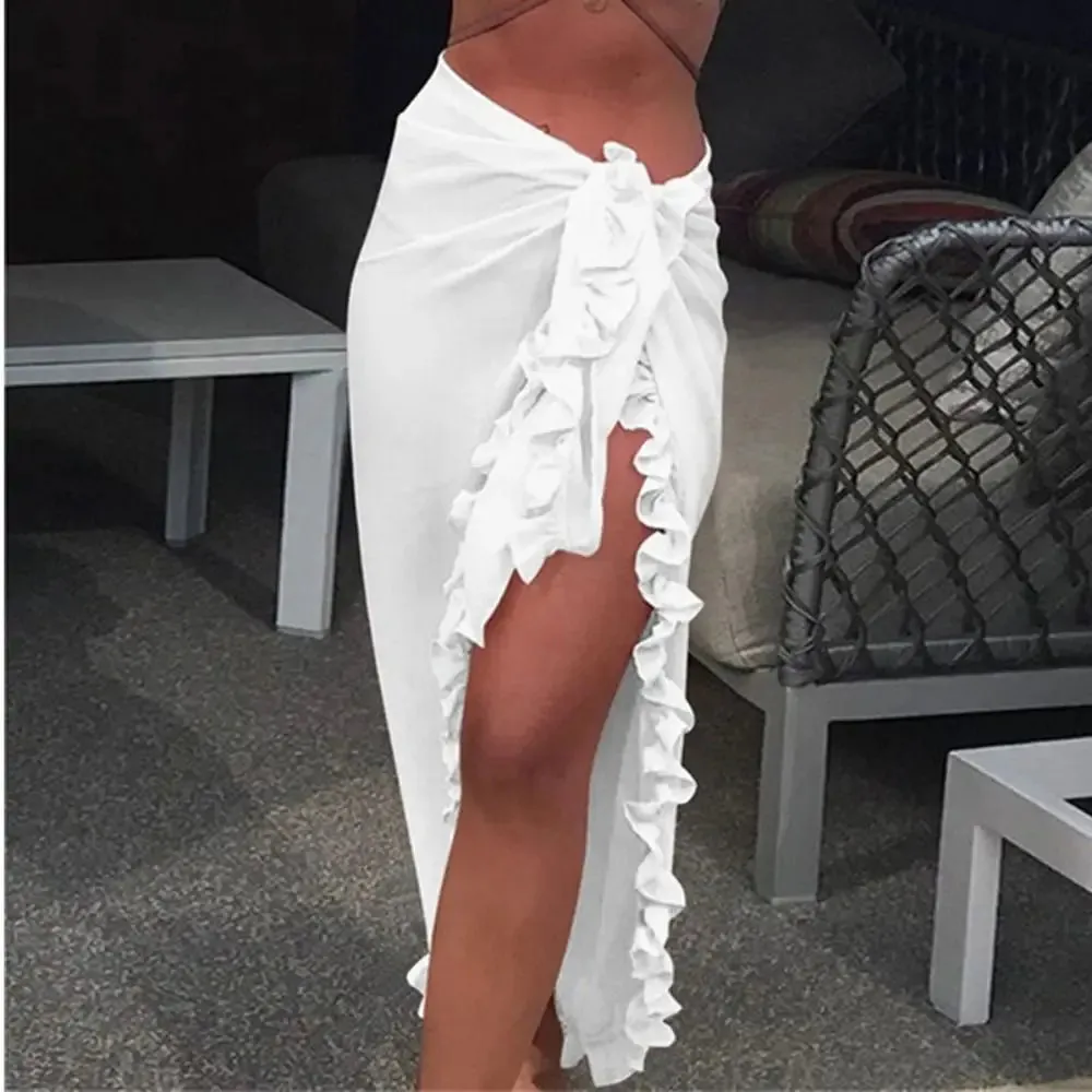 Summer Women Short Solid Sarong Swimsuit Coverups Beach Bikini Wrap Sheer Short Skirt Chiffon Skirt Scarf Swimwear Cover-ups