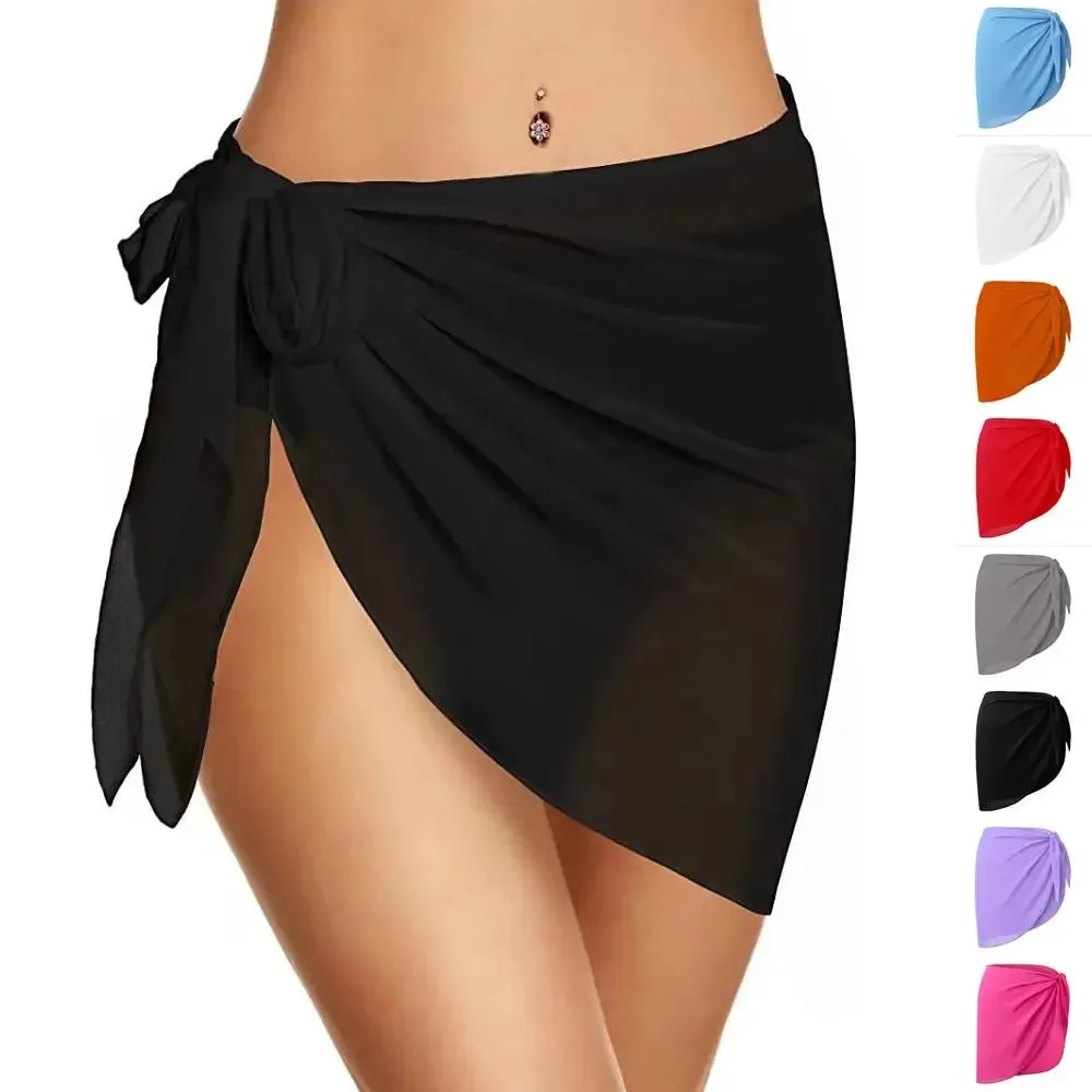 Summer Women Short Solid Sarong Swimsuit Coverups Beach Bikini Wrap Sheer Short Skirt Chiffon Skirt Scarf Swimwear Cover-ups