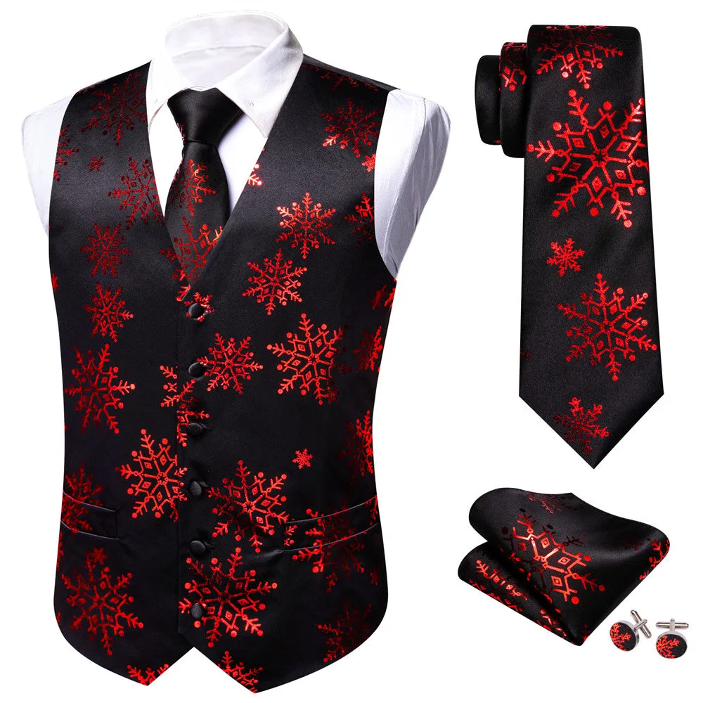 Ties2you Mens Silk Waistcoat Black Red Tree Snow Christmas Vest Necktie Set