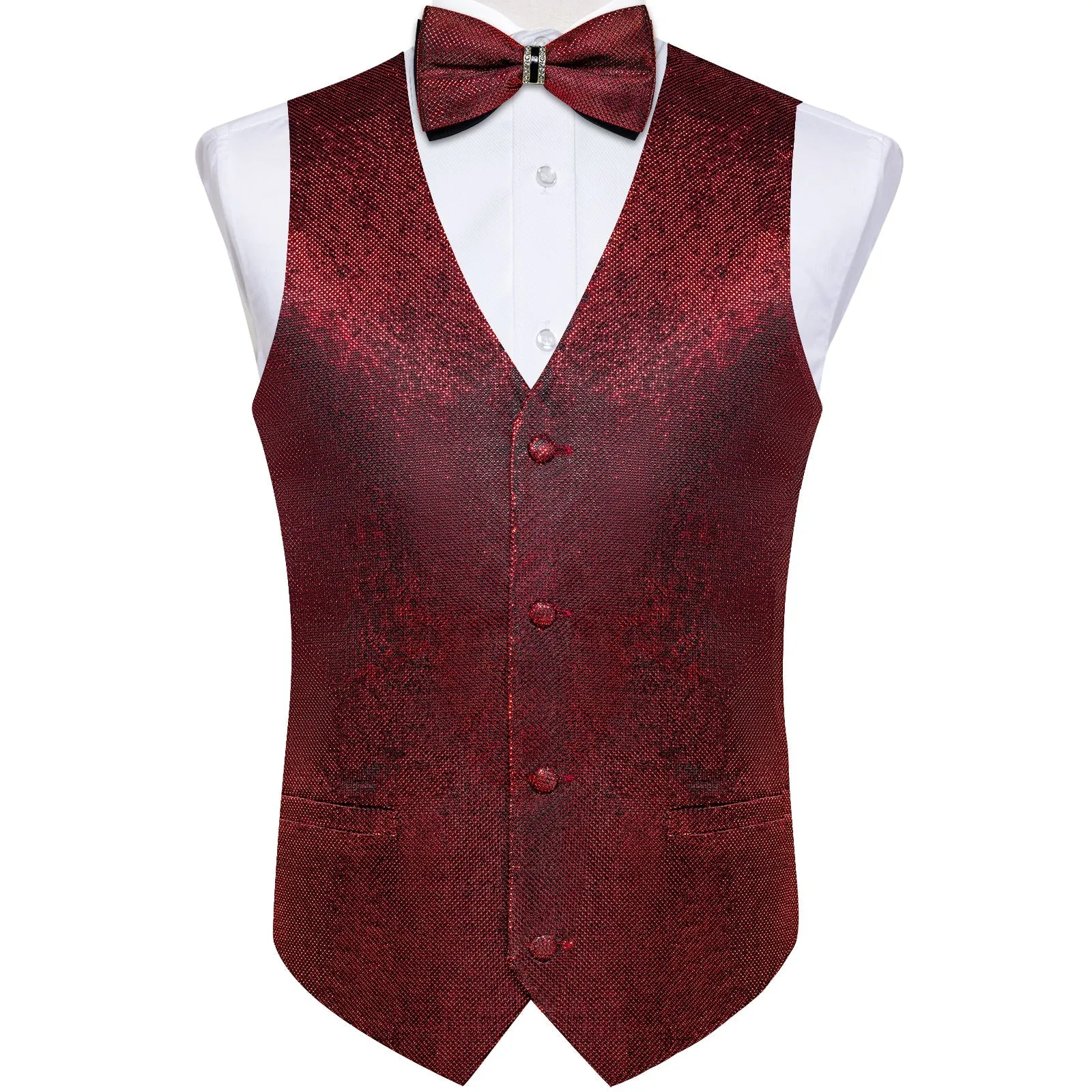 Ties2you Mens Vest Burgundy Red Solid Vest Bowtie Hanky Cufflinks Set Waistcoat Suit Set For Wedding