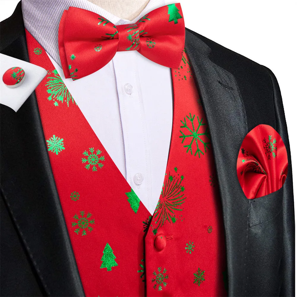 Ties2you Men's Vest Red Christmas Green Elements Silk Vest Necktie Bow Tie Handkerchief Cufflinks Set