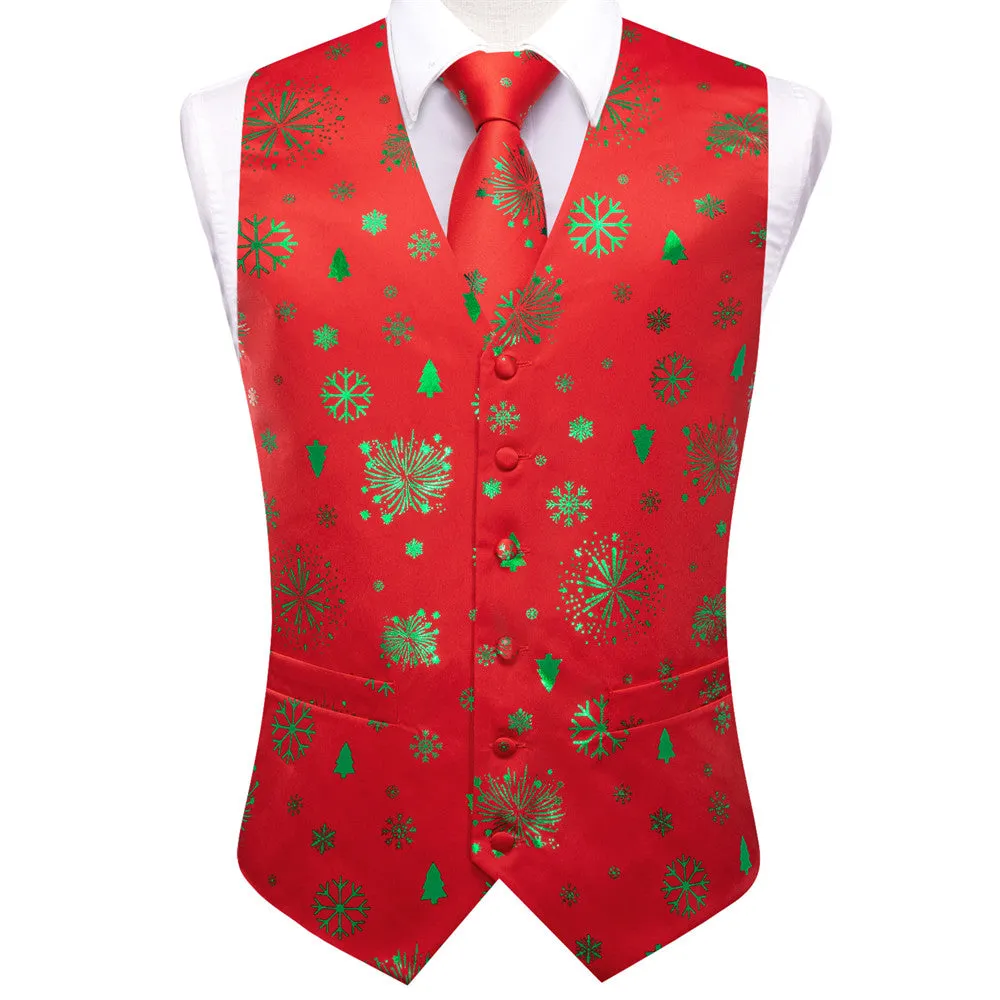 Ties2you Men's Vest Red Christmas Green Elements Silk Vest Necktie Bow Tie Handkerchief Cufflinks Set