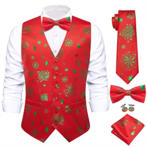 Ties2you Men's Vest Red Christmas Green Elements Silk Vest Necktie Bow Tie Handkerchief Cufflinks Set