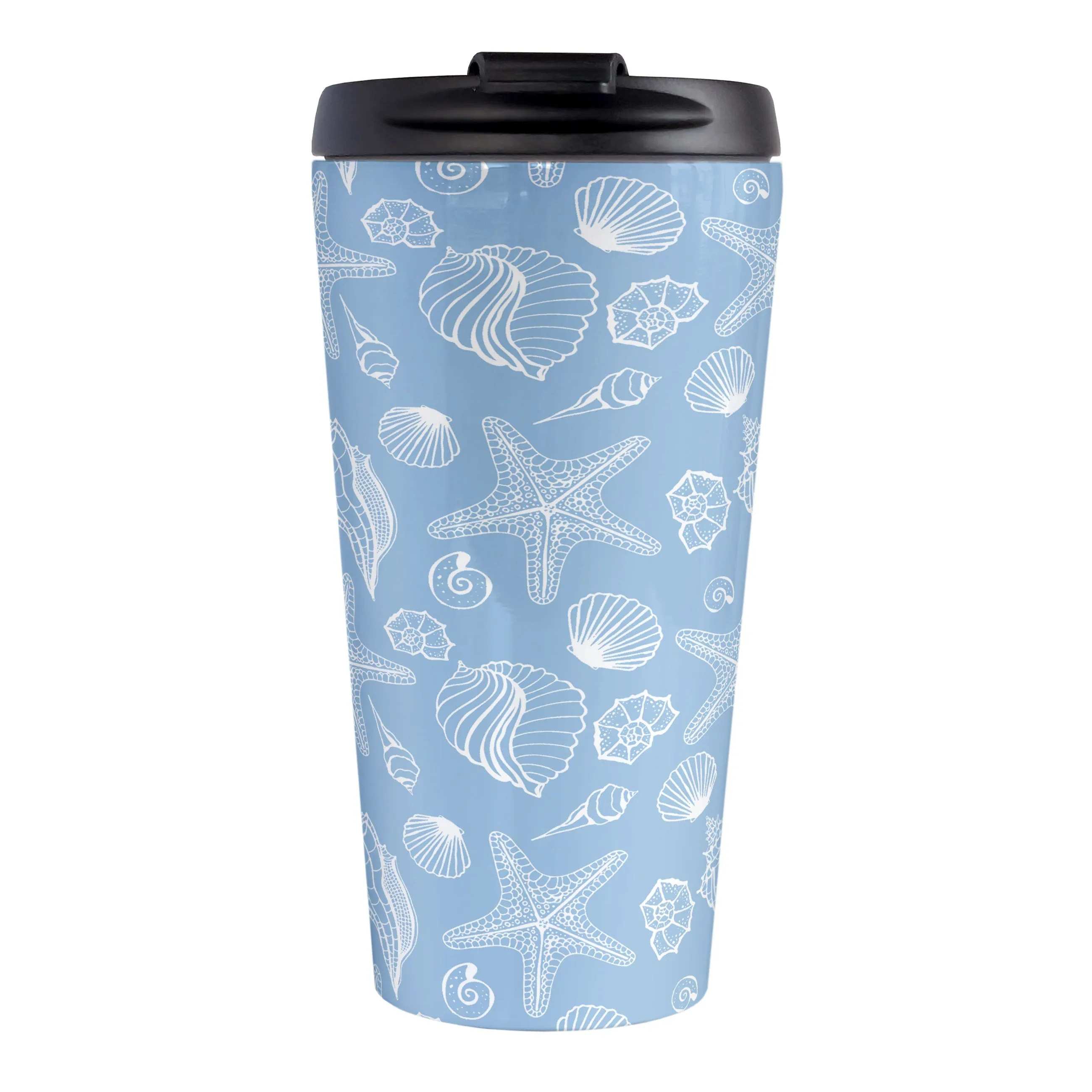 White Seashell Pattern Blue Beach Travel Mug