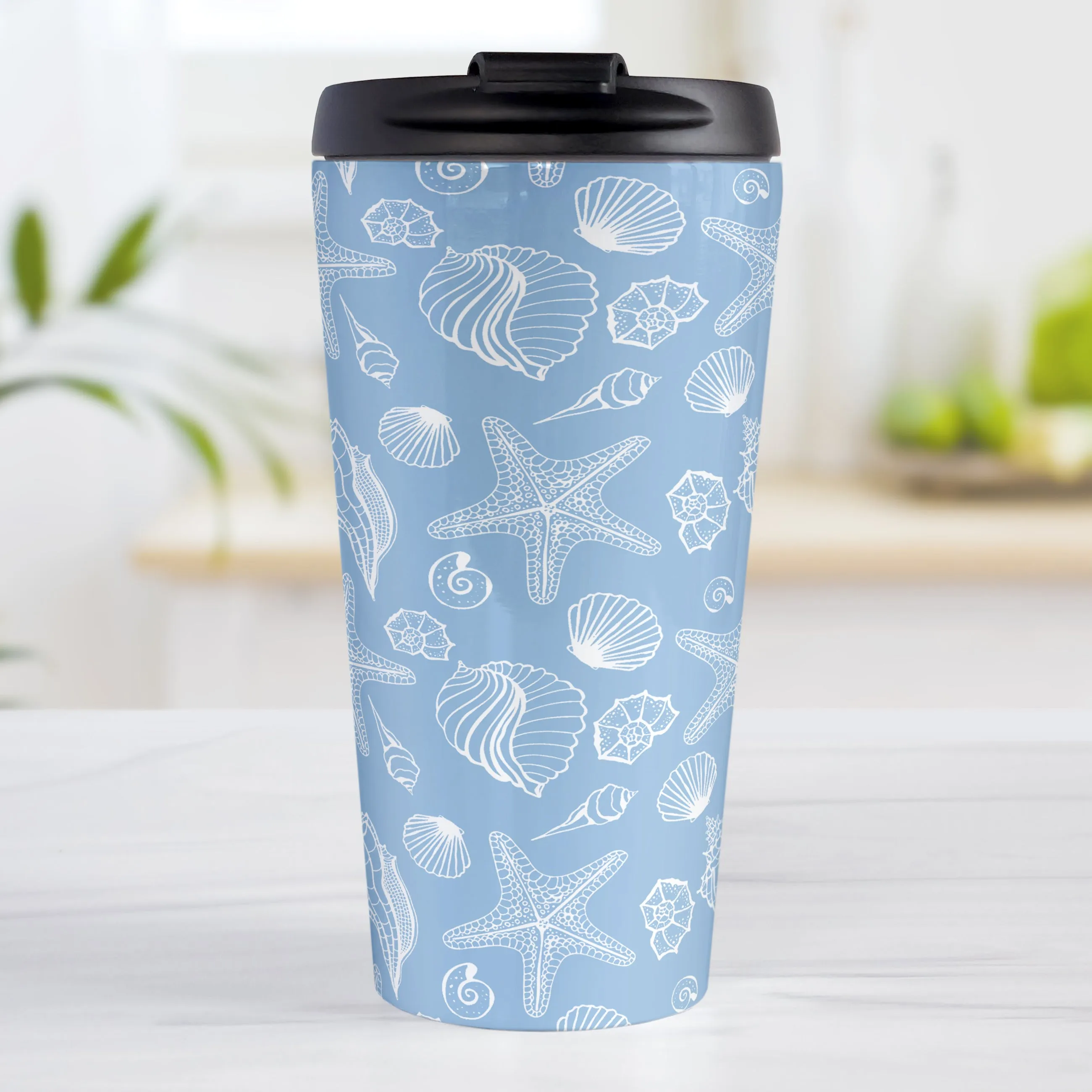 White Seashell Pattern Blue Beach Travel Mug