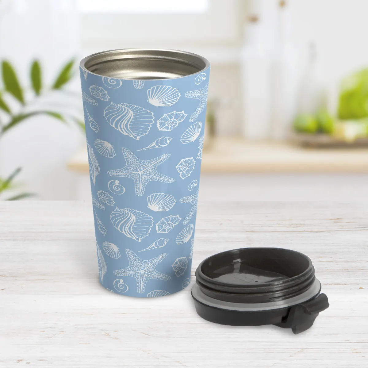 White Seashell Pattern Blue Beach Travel Mug