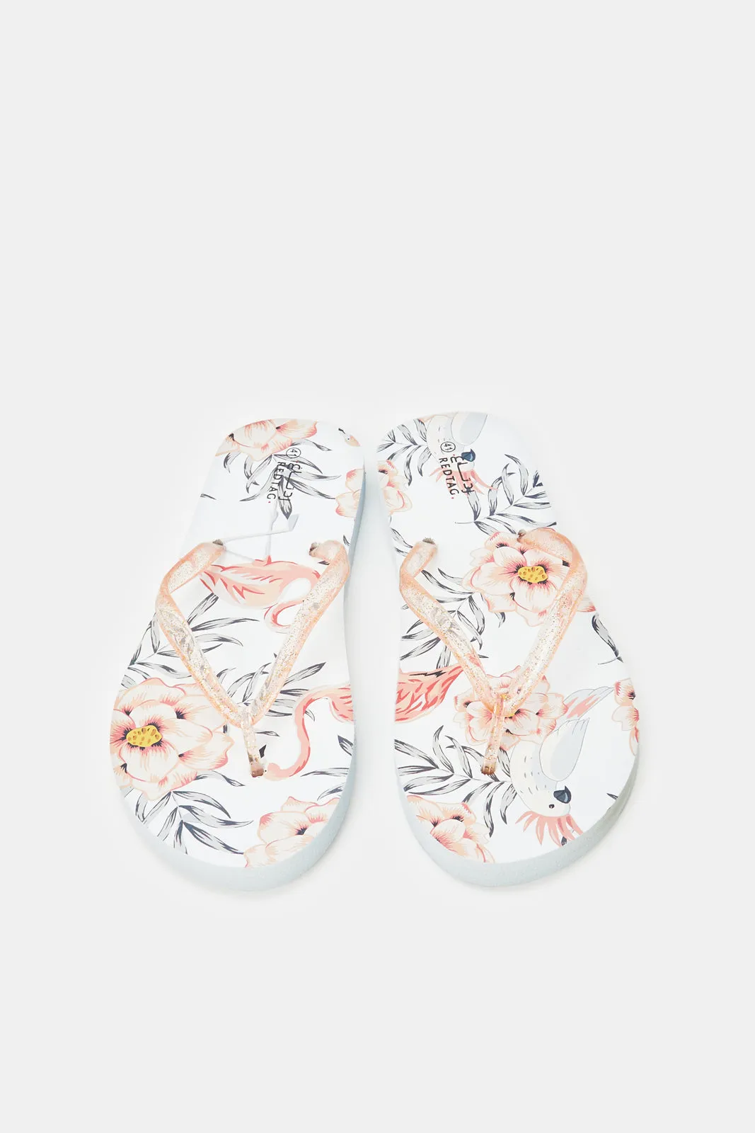 Women White Flamingo Print Flip Flop