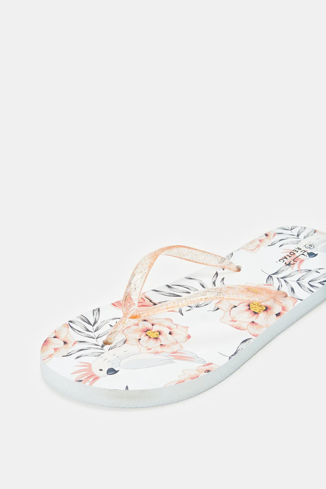 Women White Flamingo Print Flip Flop