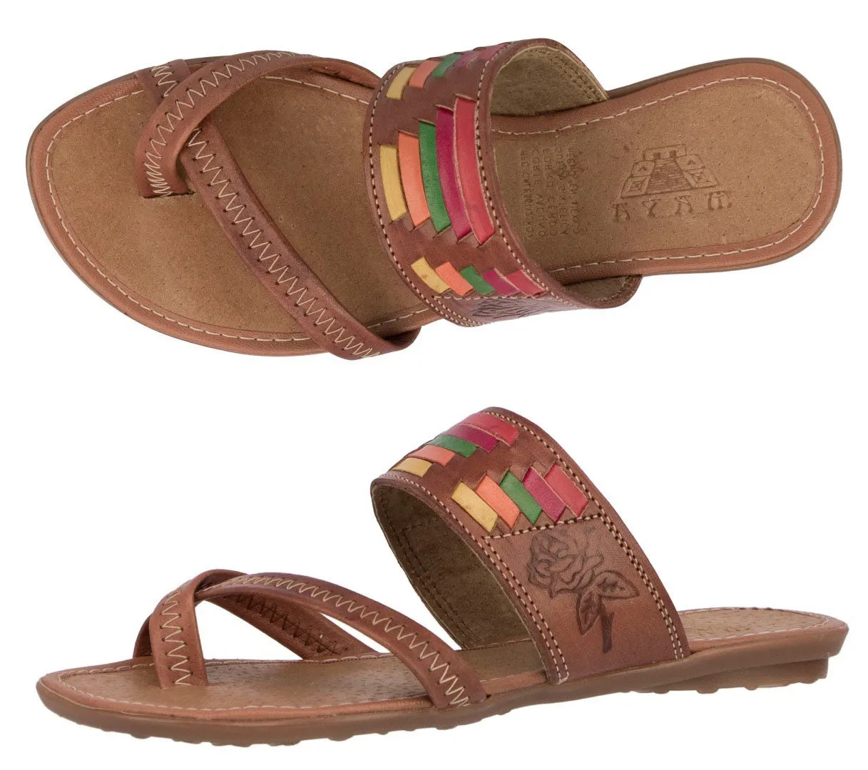 Womens Authentic Huaraches Real Leather Sandals Cognac Rainbow - #779